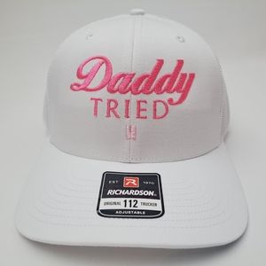 Daddy Tried Richardson 112 Trucker Mesh Snapback White Pink Text